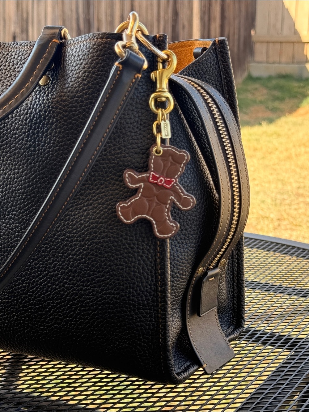 Coach Leather Teddy Bear Keychain Dog Leash Clasp Bag Charm